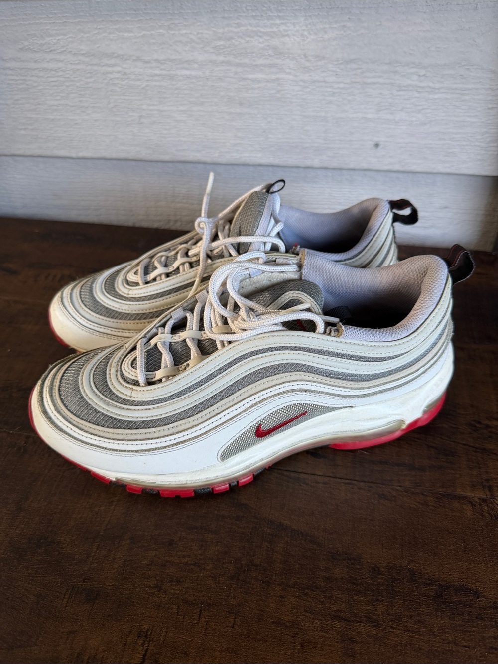 Nike White & Gray Air Max 97 with Red Accents